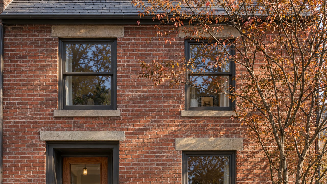 Two-story red-brick home with bronze-framed windows, a glazed oak door, limestone steps, and a copper-leaved tree.