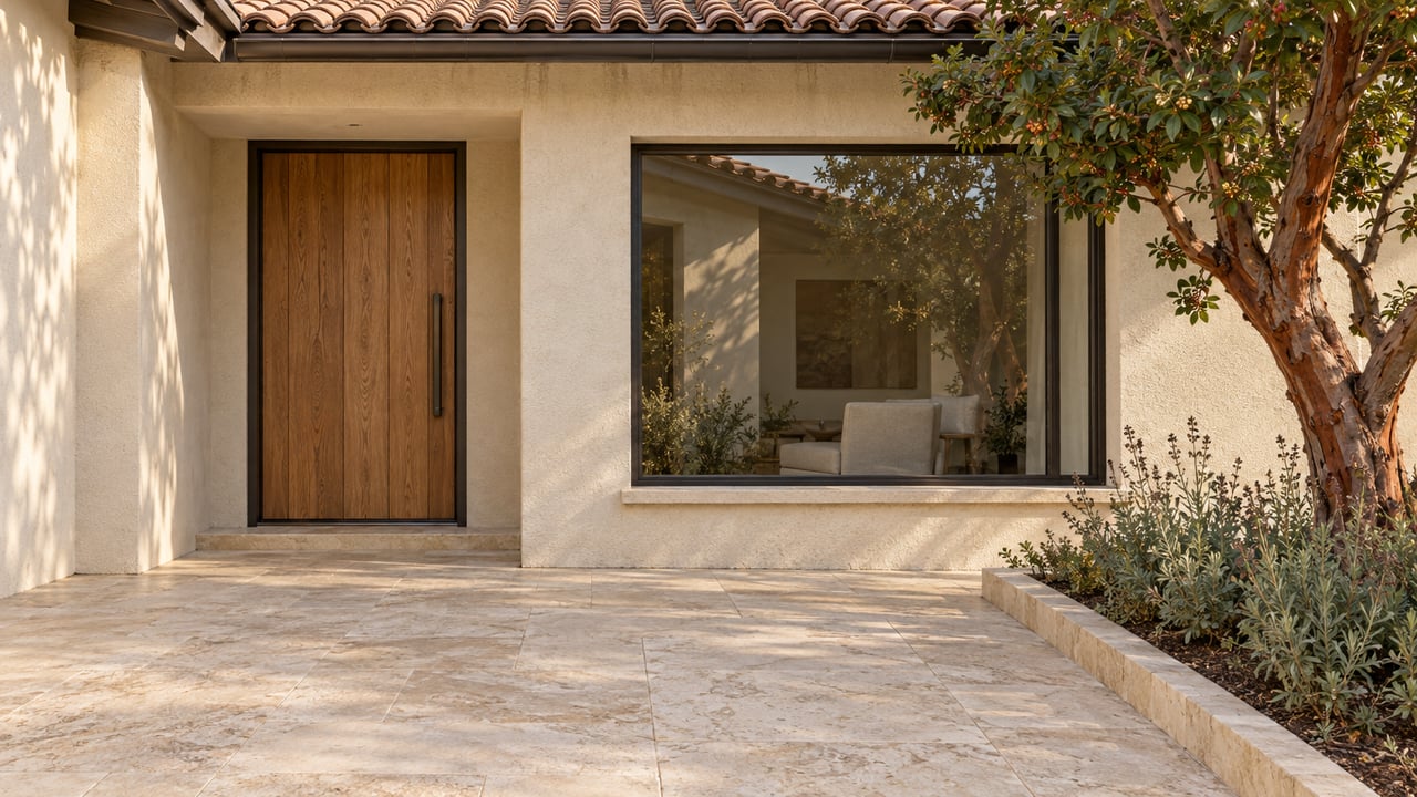 Warm stucco entry with an oak door, clay tile roof, limestone landing and a sculptural strawberry tree.
