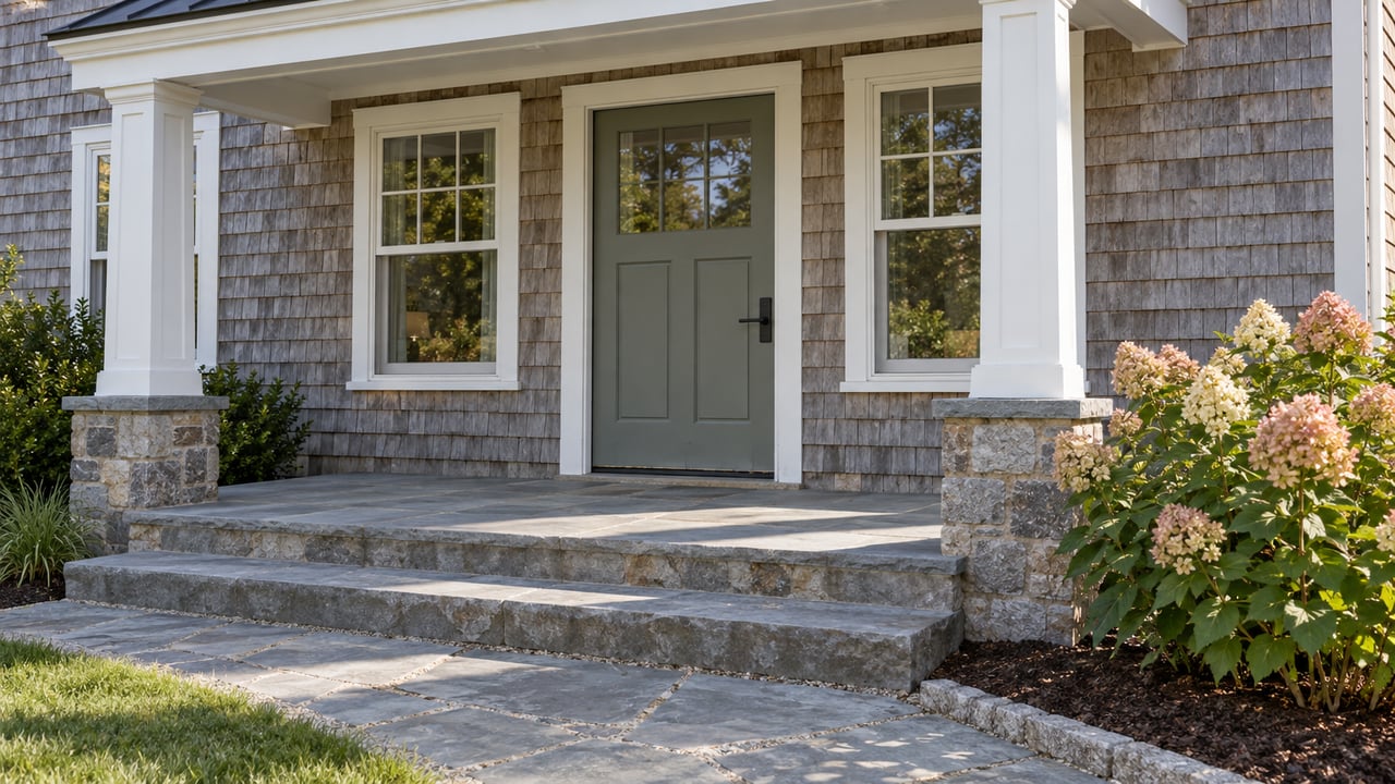 Silver-gray shingled home with a gray-green front door, white porch columns, worn bluestone steps and an autumn-flowering hydrangea.
