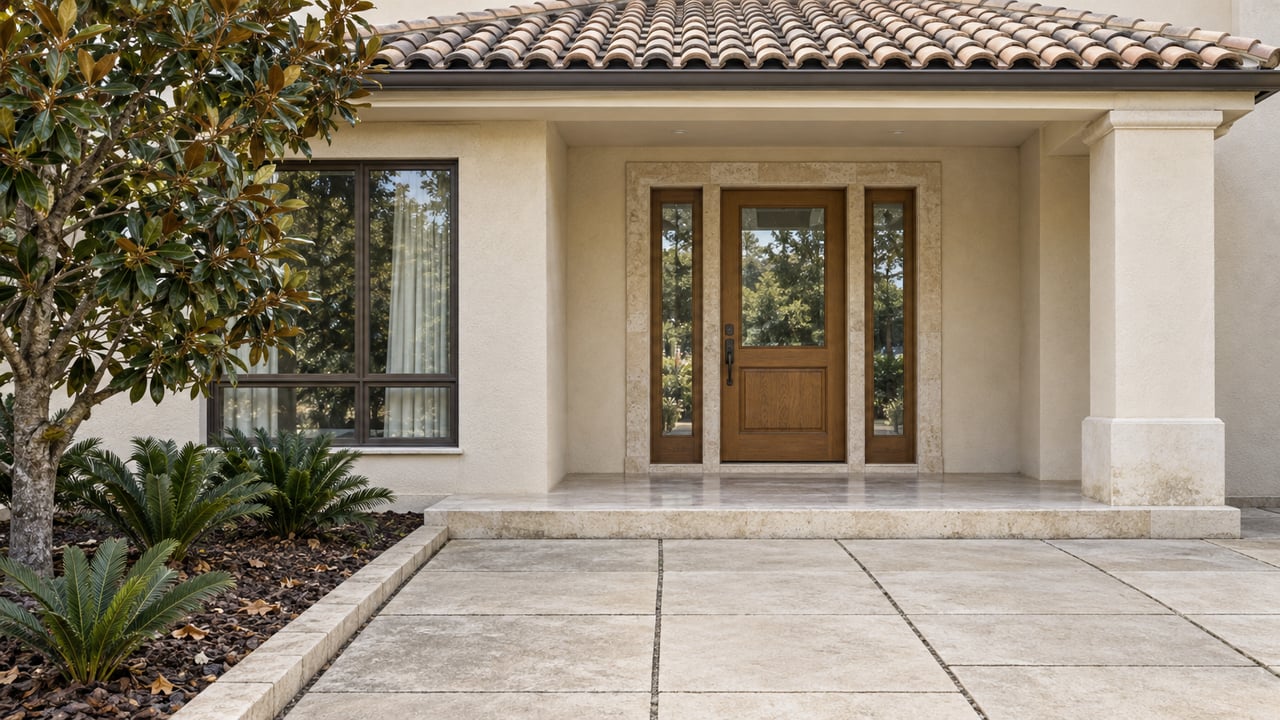 Ivory stucco home entry with a tiled porch roof, oak and glass front door, pale stone steps and a planted magnolia bed.
