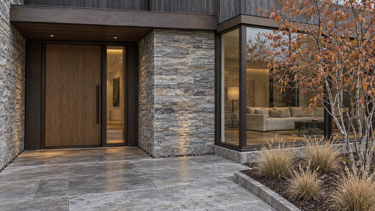 Contemporary home entry with charcoal cedar, gray stone, bronze-framed glazing and a serviceberry in autumn color beside a stone terrace.