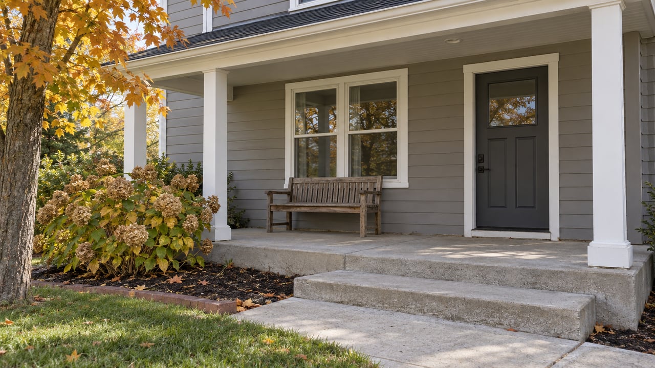 Autumn light on a gray-sided home's covered porch, concrete steps and white-framed window beside a flowering shrub.
