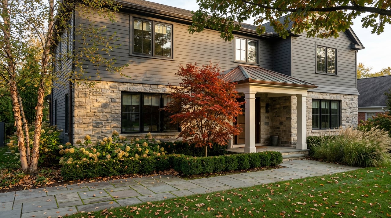 Two-story stone-and-charcoal house with a copper-roofed entry, red-orange Japanese maple, and bluestone walkway.