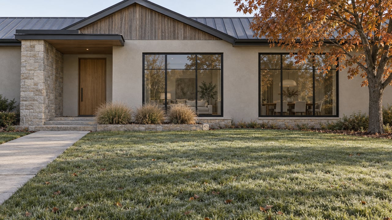 Low view across a lightly frosted lawn toward a limestone, greige stucco and timber home with broad dark-framed windows and a copper-leaved maple.