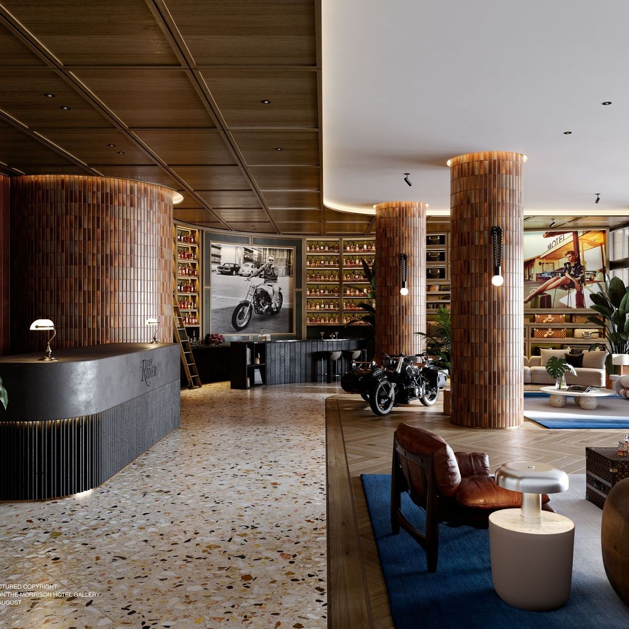 The Rider lobby with tiled columns, a bottle-lined bar and motorcycles on display.