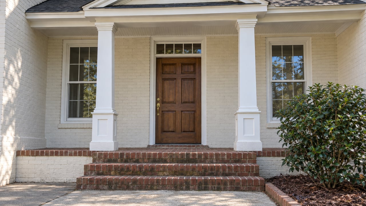 Ivory brick home with a covered stoop, paired white columns, tall windows, brick steps, and a camellia beside the entry.