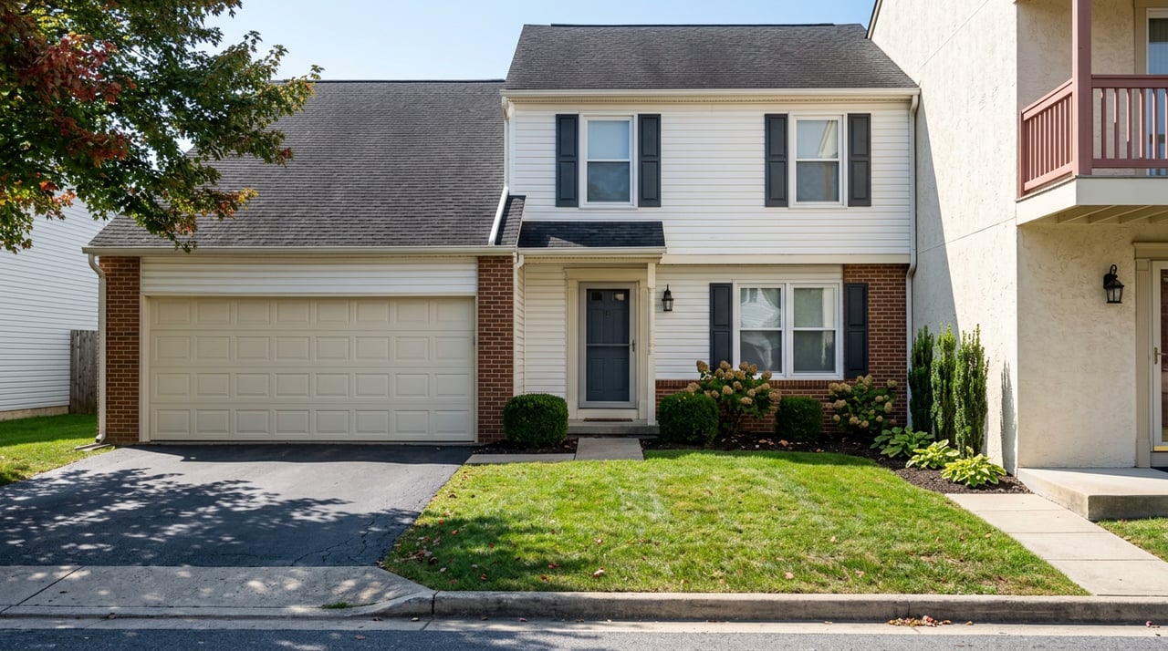 Detached split-level home beside the edge of a stucco townhome with a balcony.