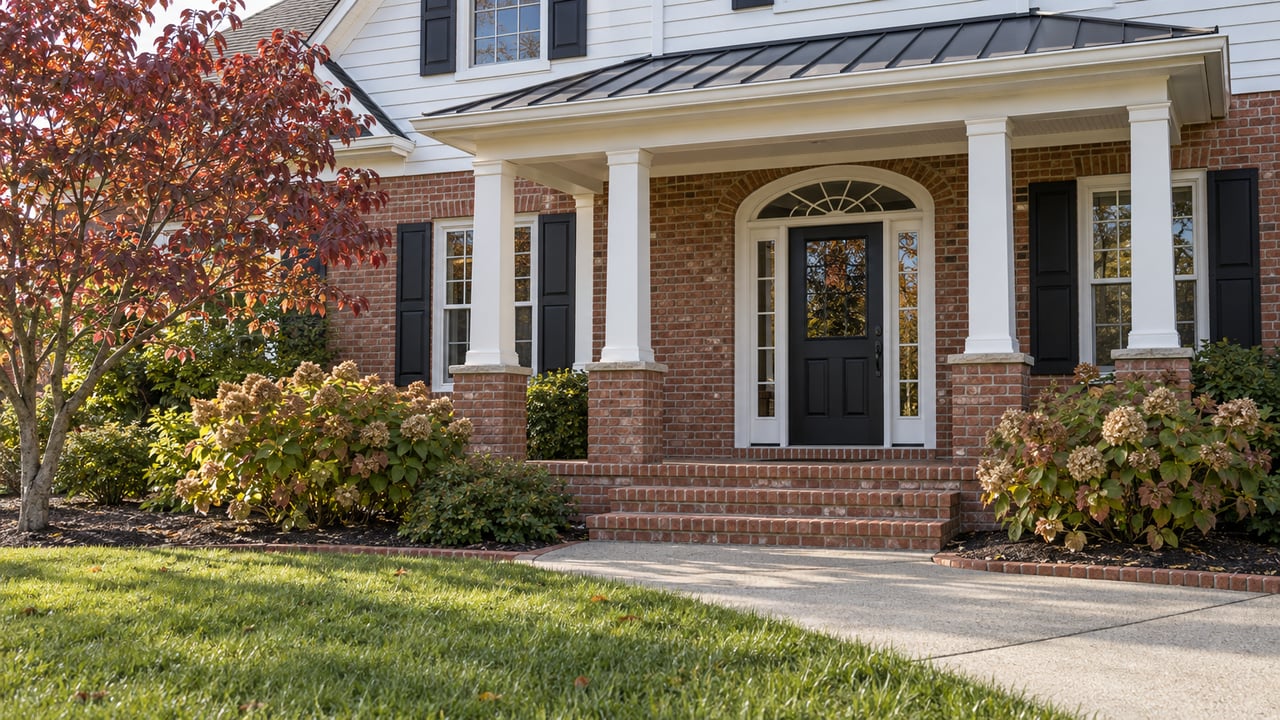 Brick and white-sided home with a covered front porch, black door, autumn dogwood and a deep green lawn beside a concrete approach.
