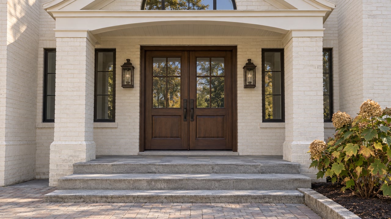 Cream painted-brick home entry with walnut double doors, bronze lanterns, worn gray stone steps and oakleaf hydrangea.