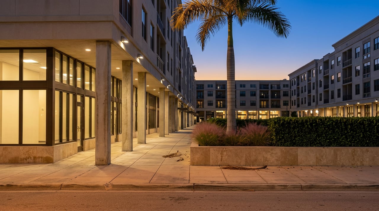 Blue-hour city street with a lit glass-and-precast building, travertine arcade, and palm in a raised planter.