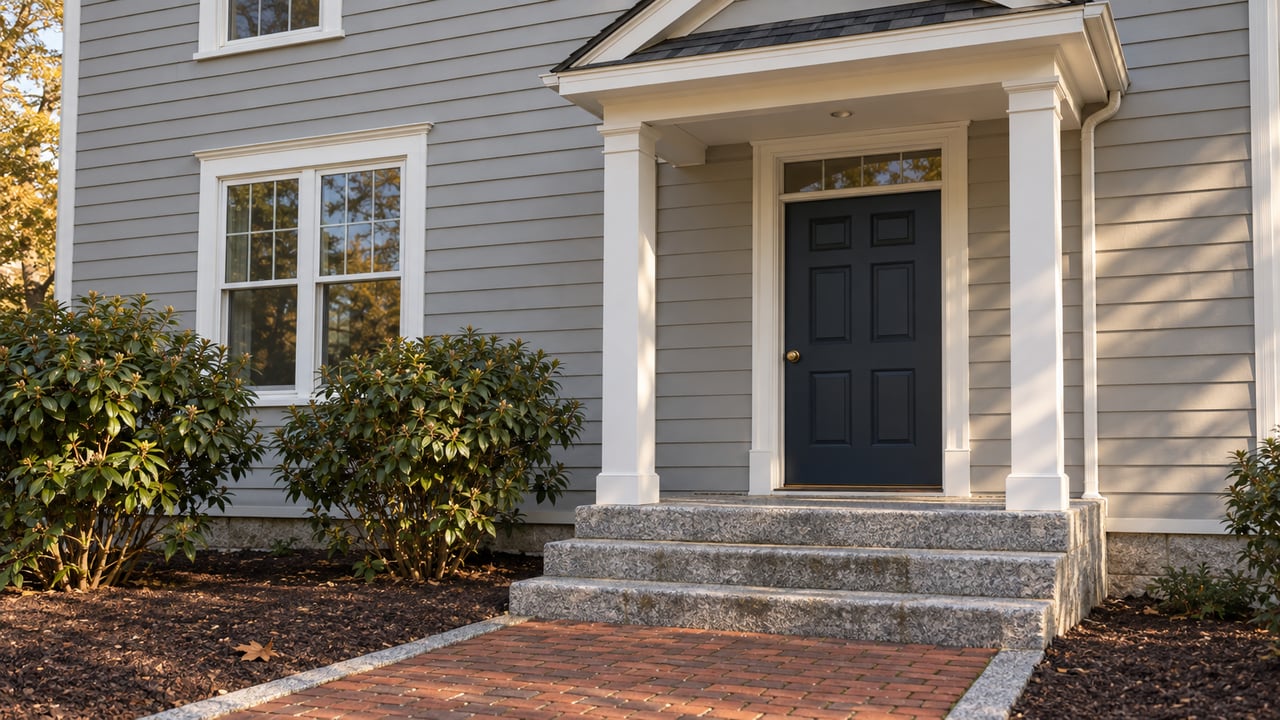 Gray clapboard home with a white pedimented entry, navy door, granite steps, and a weathered brick approach.