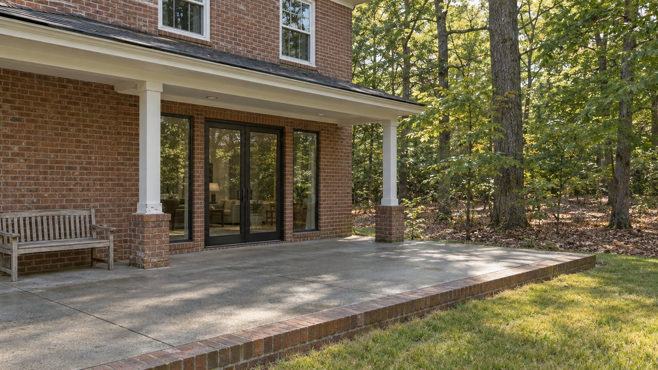 A brick home's glazed rear doors open visually onto a gray terrace bordered by a small lawn and mature deciduous woodland.