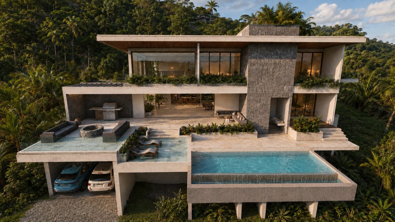 Modern tropical villa with a swimming pool, landscaped terraces, and forest surroundings.