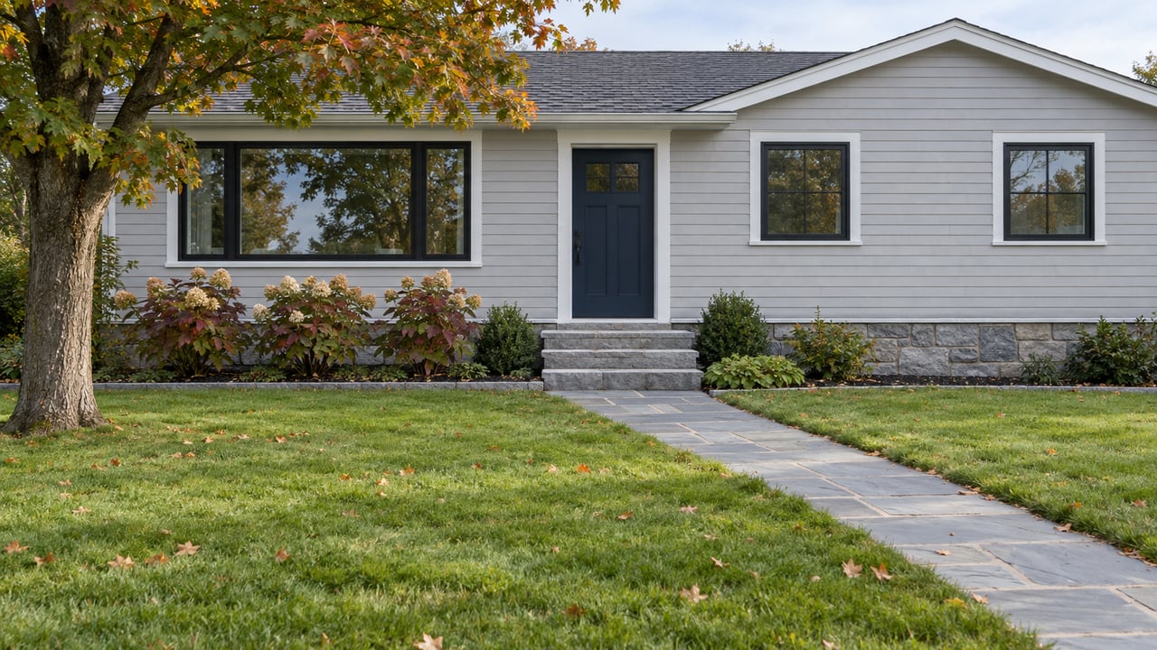 Pale gray raised-ranch home with black-framed windows, granite entry steps and a bluestone walk across an autumn lawn.