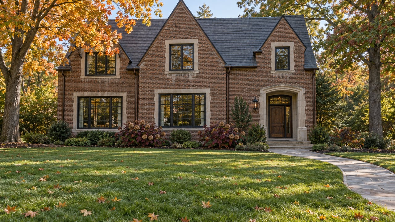 Morning light on a brick and limestone home beyond a broad autumn lawn, framed by orange maple and russet oak foliage.