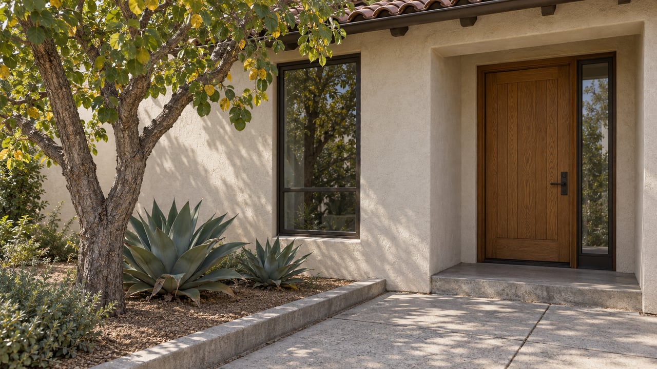 Warm stucco home entry with an oak door, clay-tile eave and sculptural planting beside a concrete walk.
