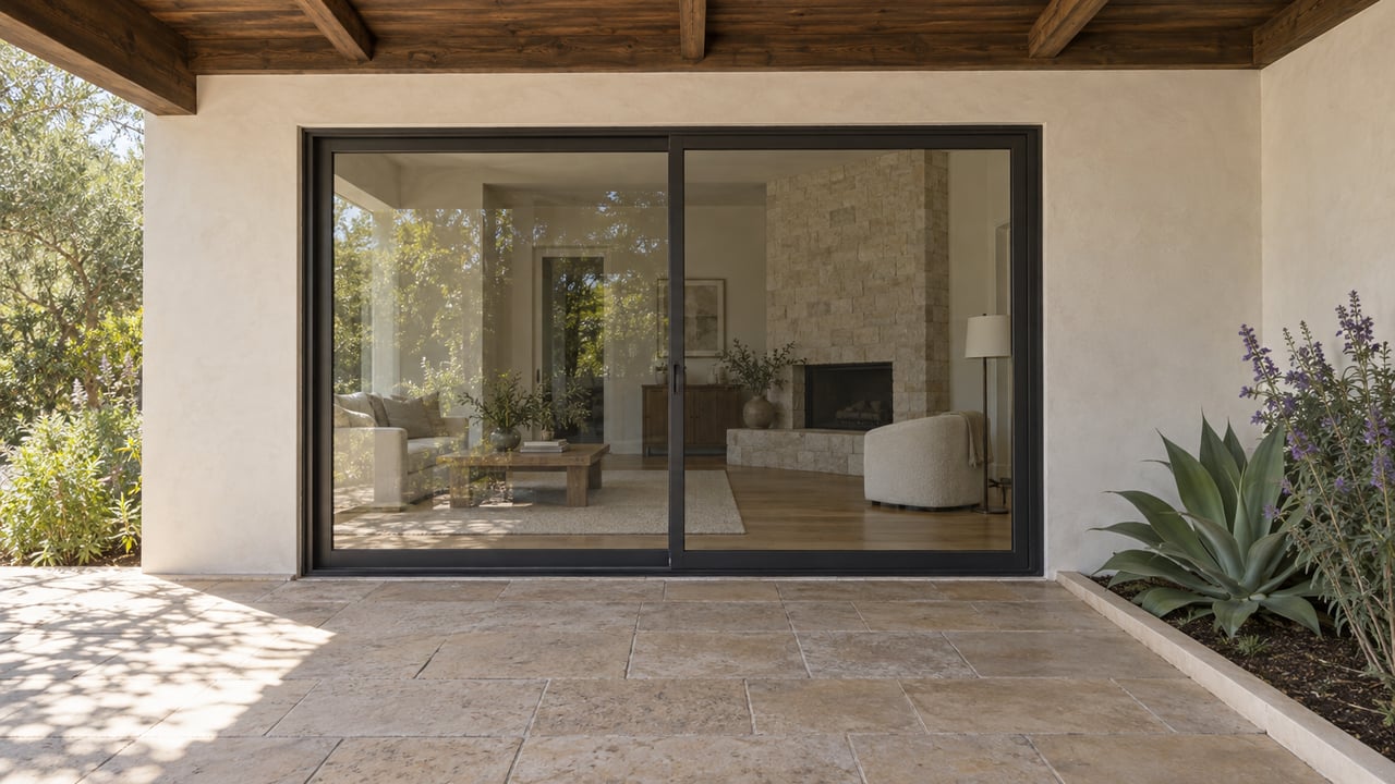 Covered patio with stained wood beam, glass sliding doors, limestone paving, and an agave beside flowering salvia.