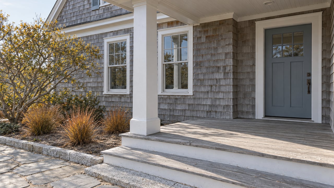 Weathered cedar-shingled home with a blue-gray entry door, white porch column, silvered decking and autumn beach plum beside a granite-edged walk.