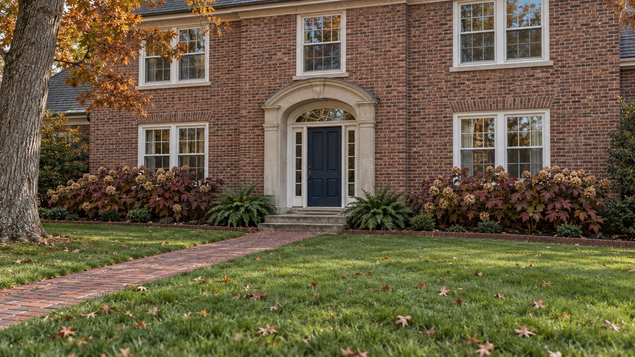 Autumn light across a deep green lawn and brick walk leading to an arched entrance on a brick home.