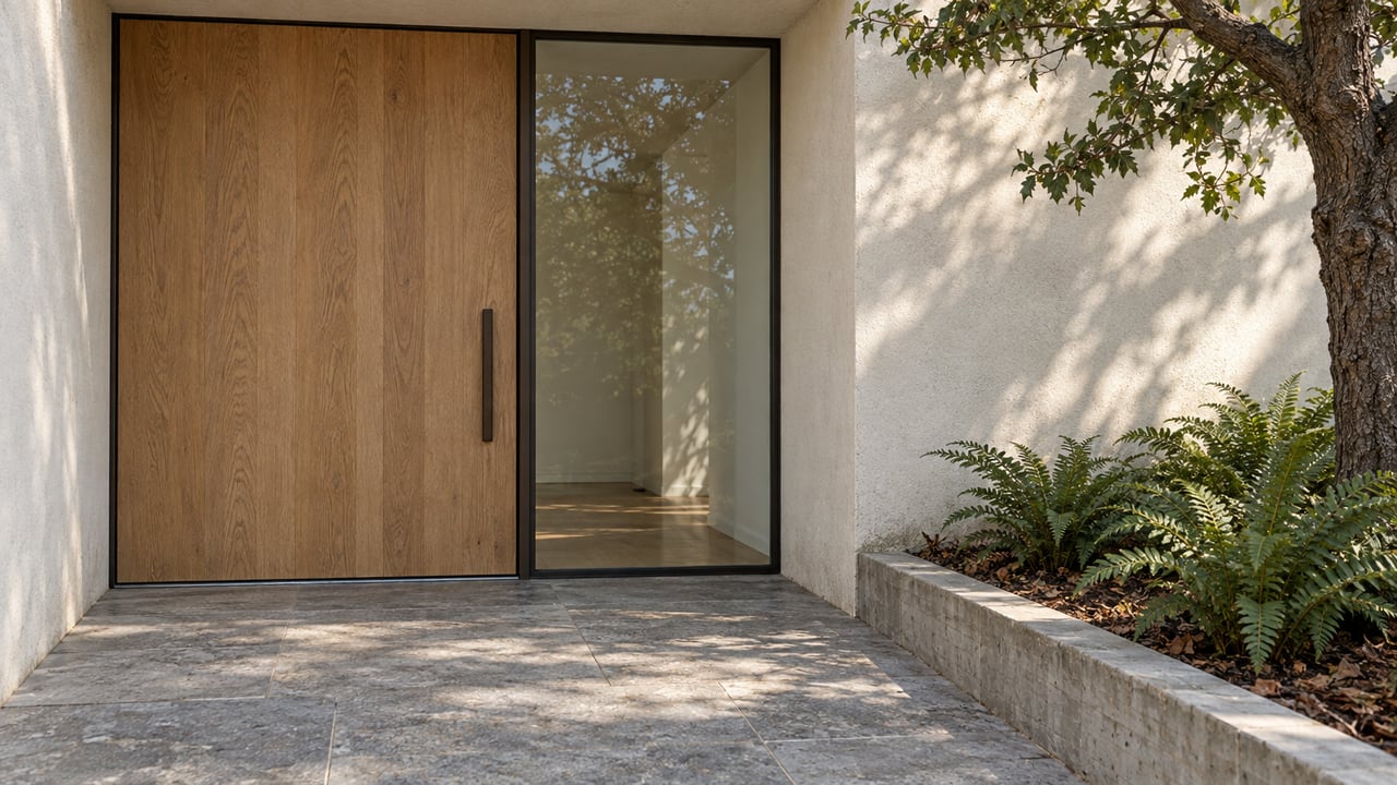 Sunlight grazes a white stucco entry with an oak door, bronze-framed sidelight and limestone landing beside an oak and ferns.