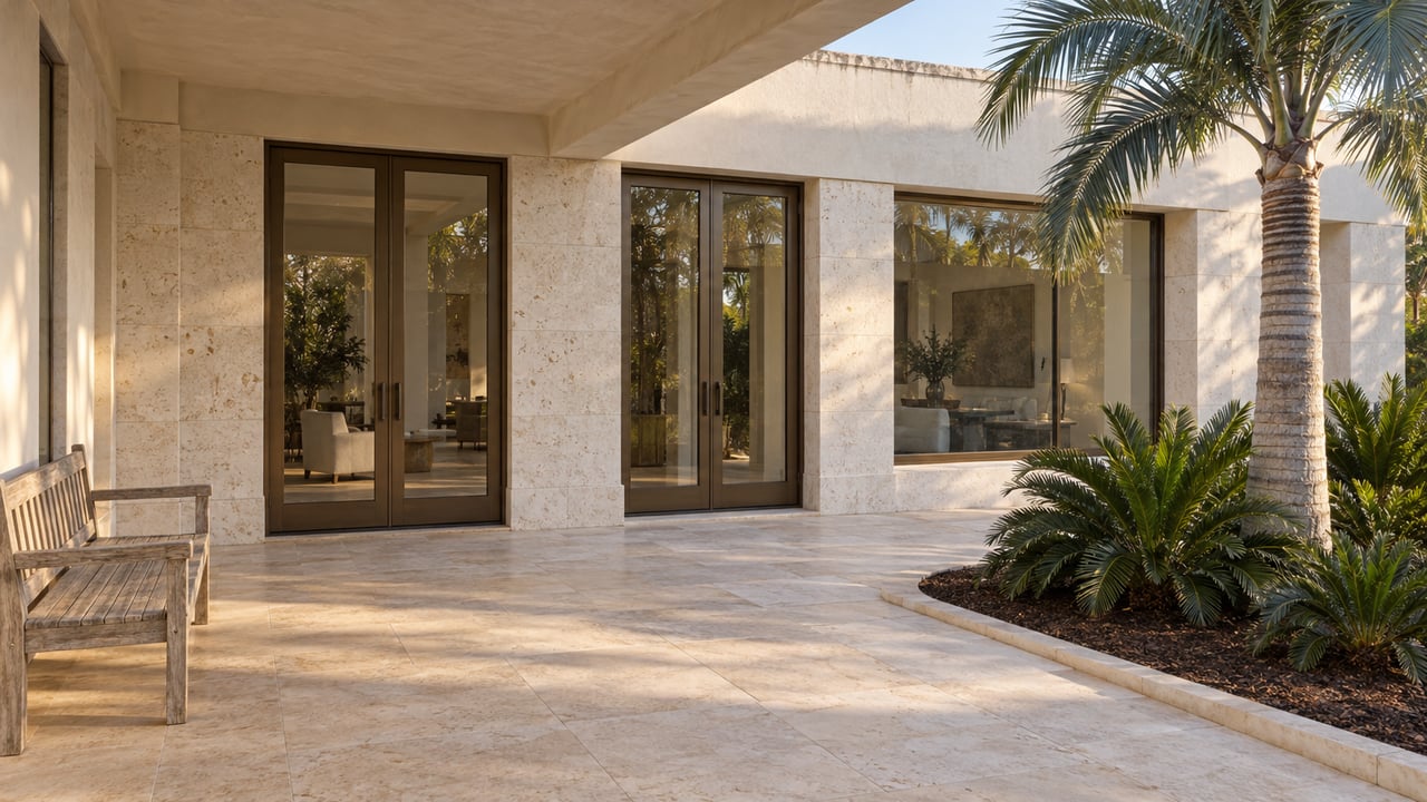 Sunlit limestone terrace beneath a white stucco loggia, with bronze-framed glass doors, a teak bench and a sculptural palm.
