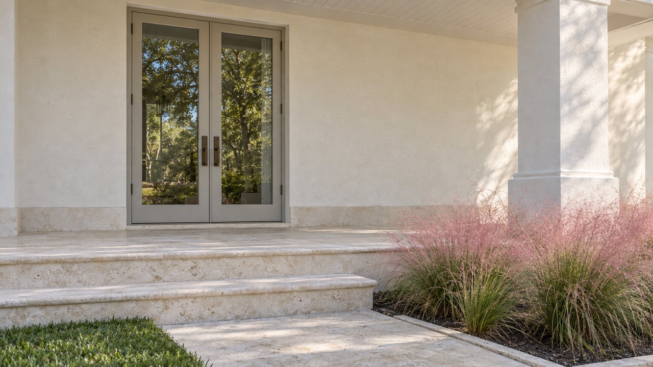 A warm-white stucco home's covered entry with closed glazed doors, shell-limestone steps and pink flowering muhly grass.
