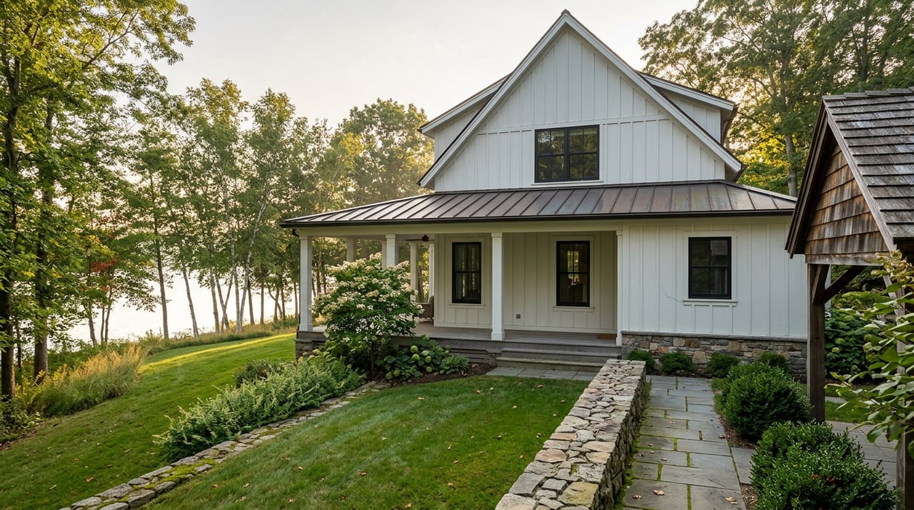Two-story white lakeside home with black-framed windows, stone foundation, and sloping lawn leading to the water.