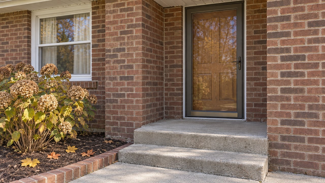 Autumn daylight on a brick home's recessed wood entry door, glass storm door and worn concrete steps beside dried hydrangea flowers.