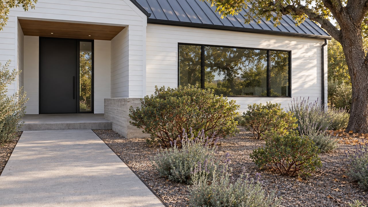 White gabled home with a recessed black front door, concrete approach and gravel garden planted with manzanita, sage and a mature oak.