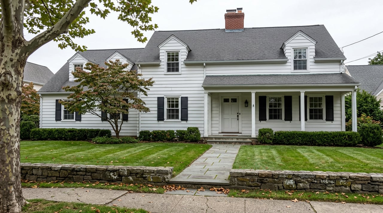 White clapboard colonial with a covered porch, dormered roof, fieldstone wall, and dogwood beside a broad lawn.