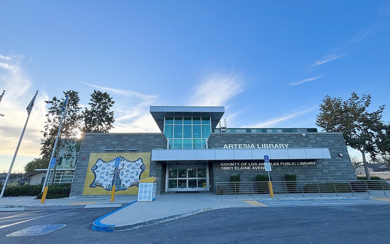 Artesia Library entrance and front plaza on Elaine Avenue