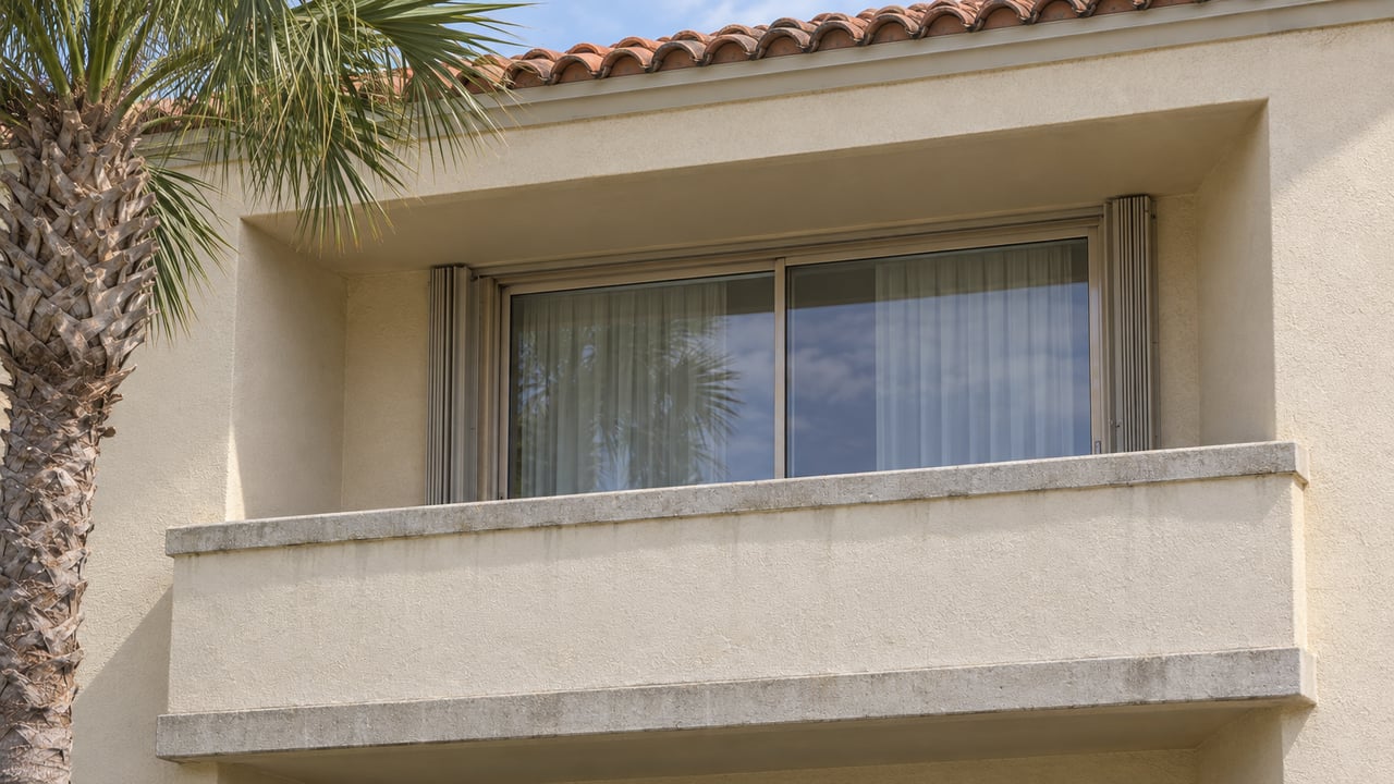 Close view of a cream stucco condominium balcony with terracotta roof tiles, closed sliding glass doors and a mature cabbage palm.