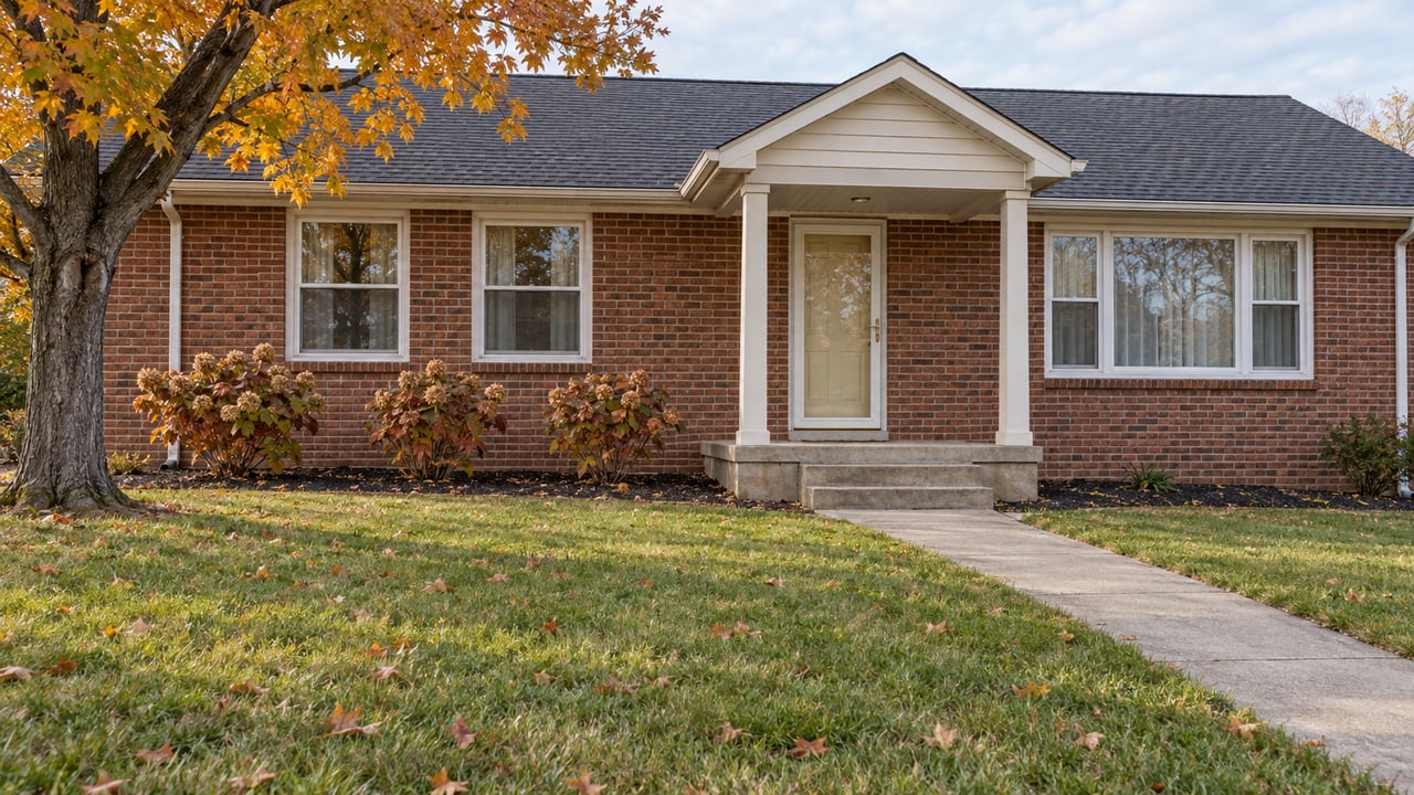 Modest brick ranch with a covered front entry, autumn maple and sloping green lawn in soft afternoon light.