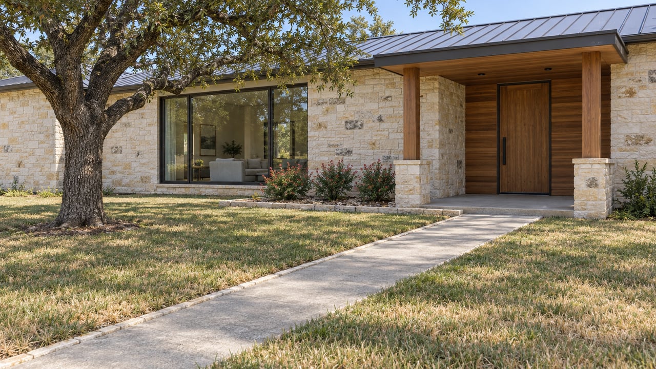 A limestone and cedar single-story home behind a broad grassy yard, with a straight concrete approach and a mature spreading oak.