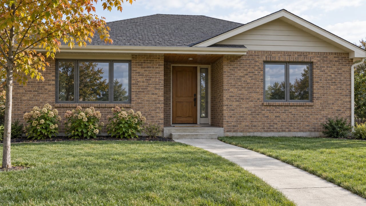 A modest brick ranch with a deep lawn, concrete entry walk, dark-framed windows and an amber-leaved maple.