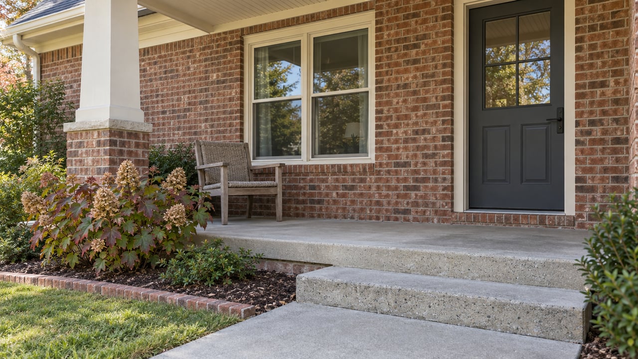 Covered brick-home porch with a charcoal front door, oak outdoor chair and oakleaf hydrangea beside concrete steps.