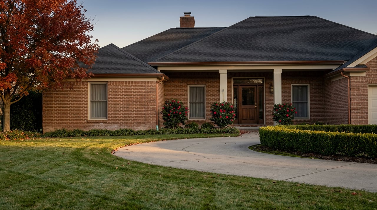 Brick suburban home with white entry columns, curved driveway, red-orange maple canopy, and red camellia blooms.