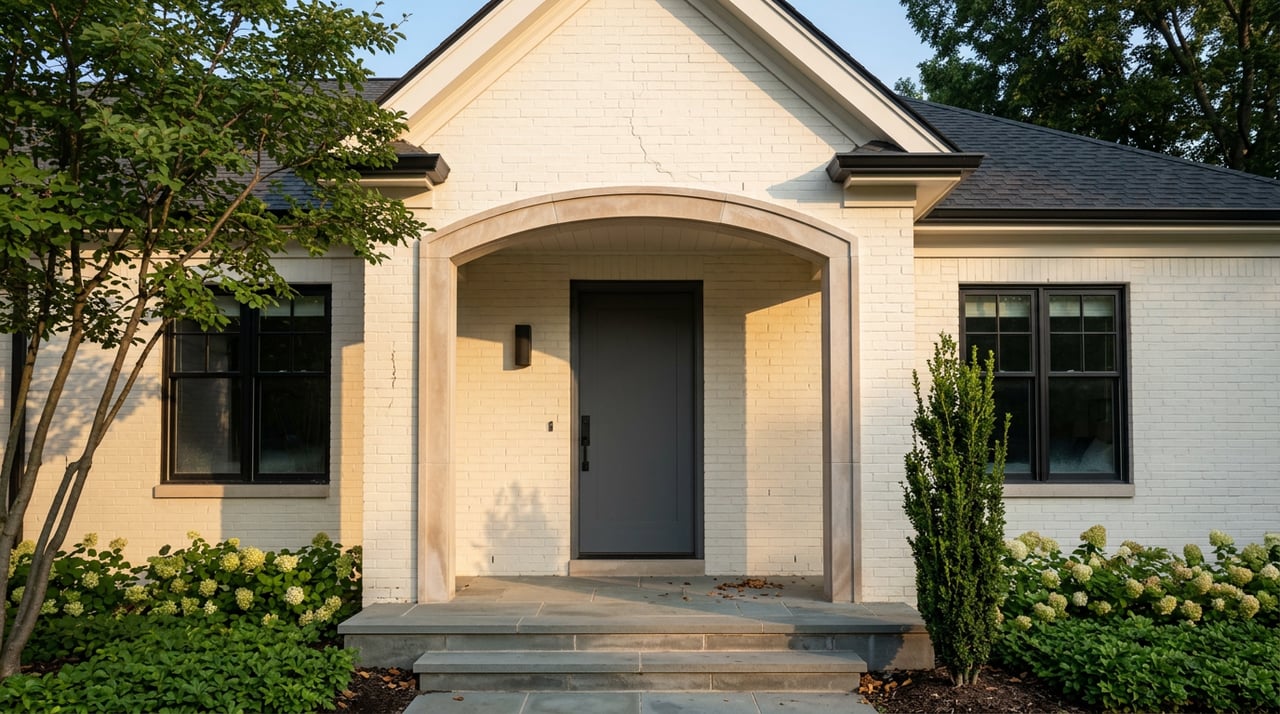 Covered entry portico with a limestone arch, charcoal door, divided windows, and sunlit brick facade.