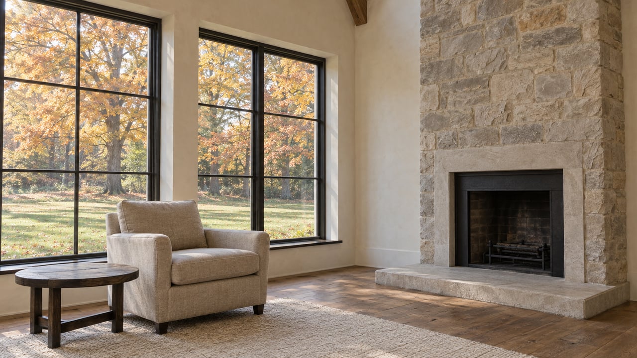 Morning light enters tall closed windows beside an oatmeal armchair and a pale limestone fireplace, with autumn sugar maples beyond the lawn.