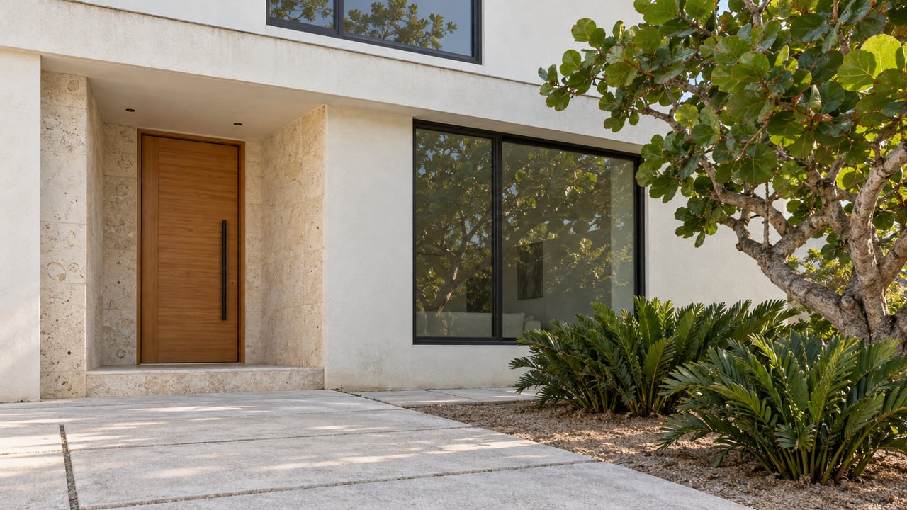 Close exterior of a white stucco home with a limestone entry, timber door, black-framed windows and sea grape planting beside a pale paver approach.