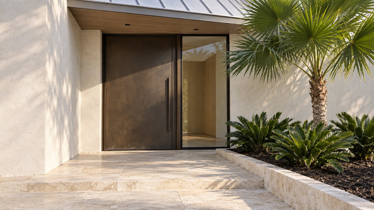 Modern stucco home entry with a bronze pivot door, glazed sidelight, limestone walk, and fan palm planting.