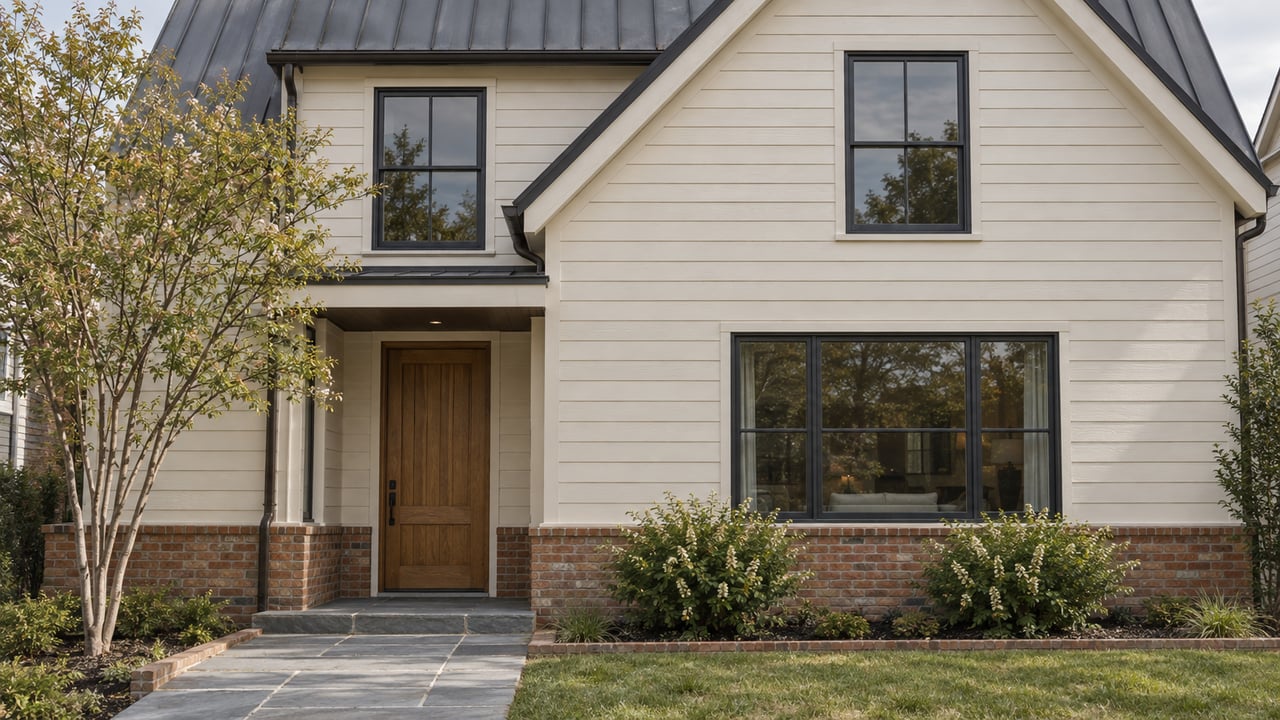 Two-story cream-sided home with an asymmetrical gable, brick foundation, oak entry, and narrow planted front yard.