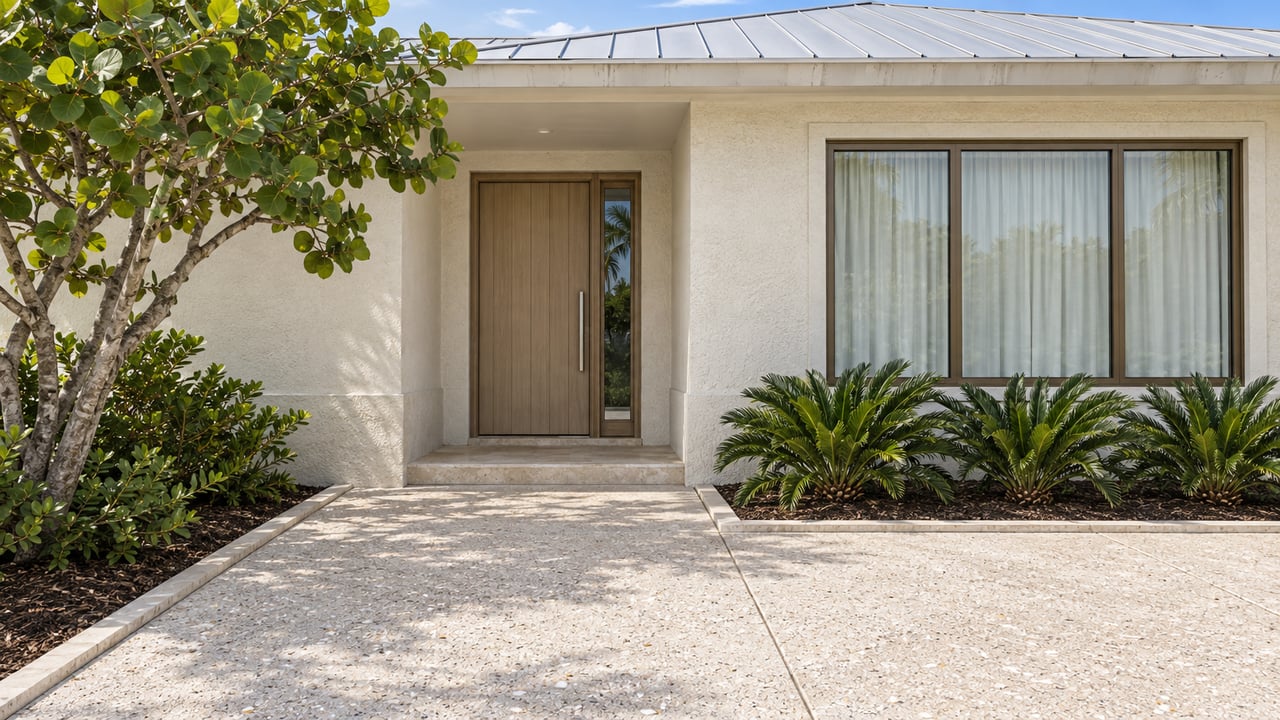 Cream stucco home with a silver metal roof, recessed oak entry, shell-exposed concrete approach, and sculptural sea grape planting.