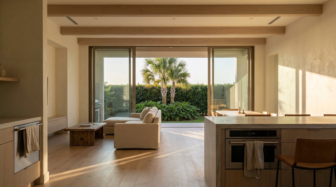 Open-plan kitchen and living room with a quartzite island, linen sectional, and glass wall overlooking palms.