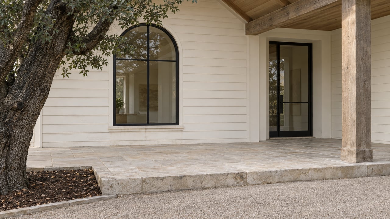 Cream timber farmhouse facade with an arched black-framed window, sheltered oak porch structure and pale limestone steps beside a mature live oak.