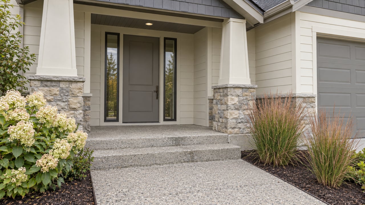 House entry with gray paneled door, flanking sidelights, stone porch piers, and concrete steps.