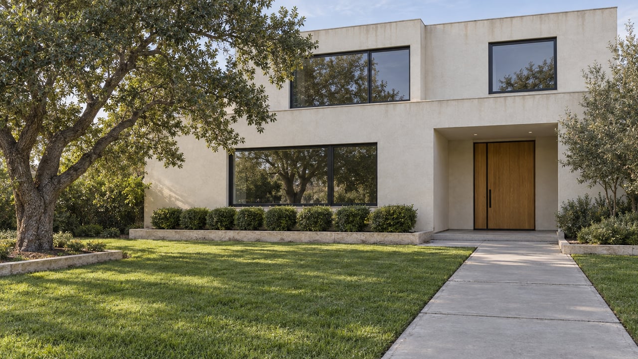 Contemporary off-white stucco home with black-framed windows, a recessed wood entry, deep lawn and a mature oak beside a concrete approach.