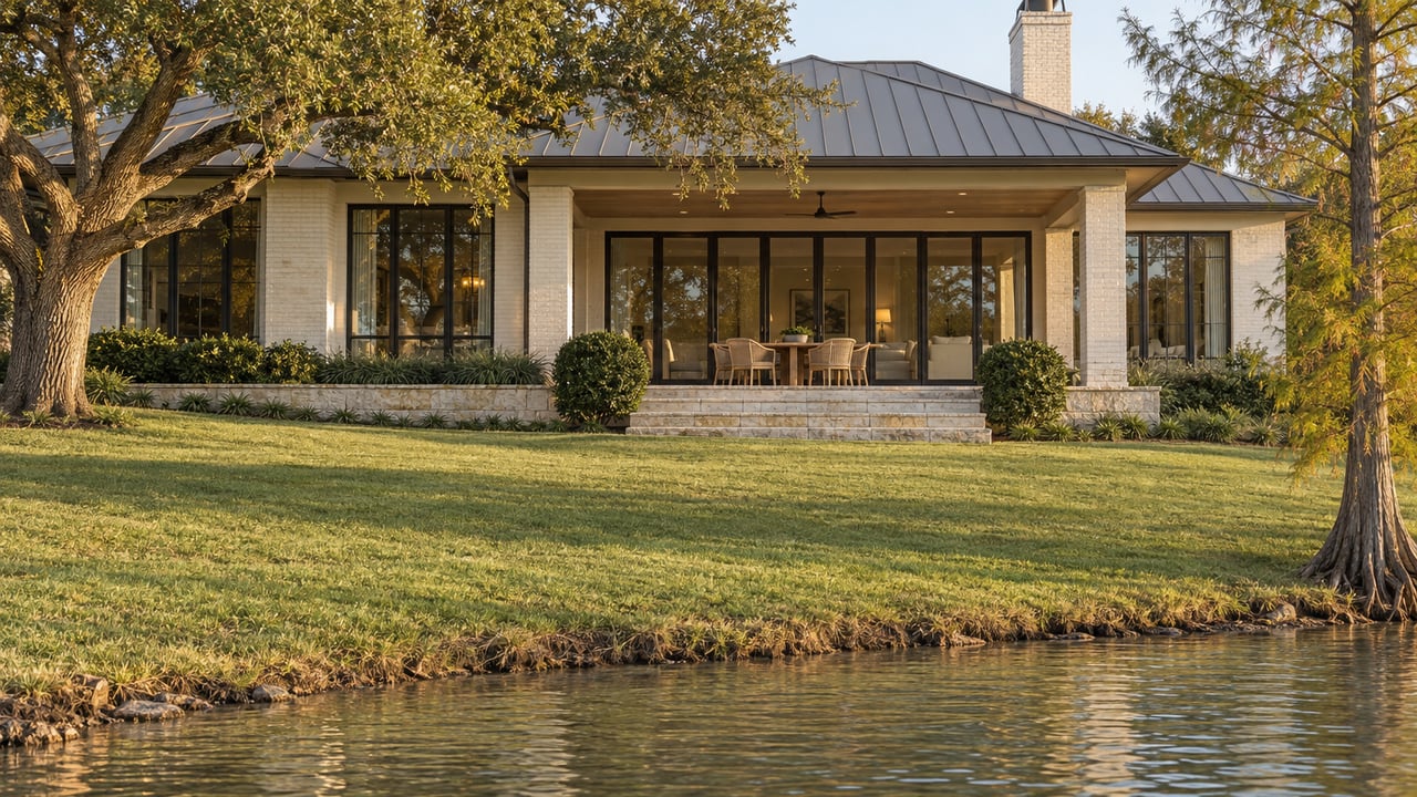 Lakeside house with a covered terrace, limestone steps, sloping lawn, and exposed roots along the waterline.