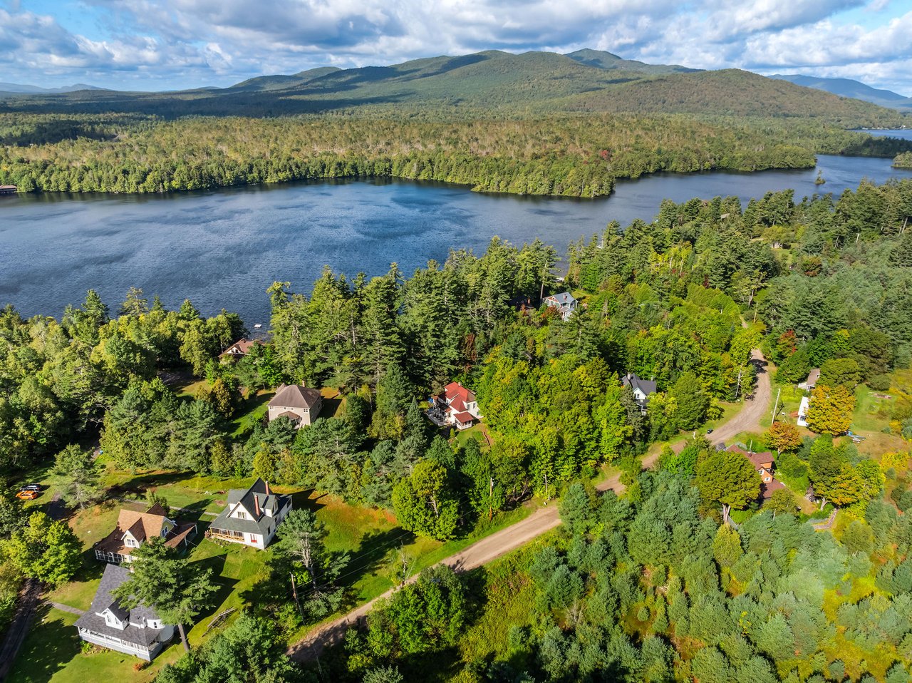 Aerial view of lakeside homes among trees, with a blue lake and forested mountains beyond.