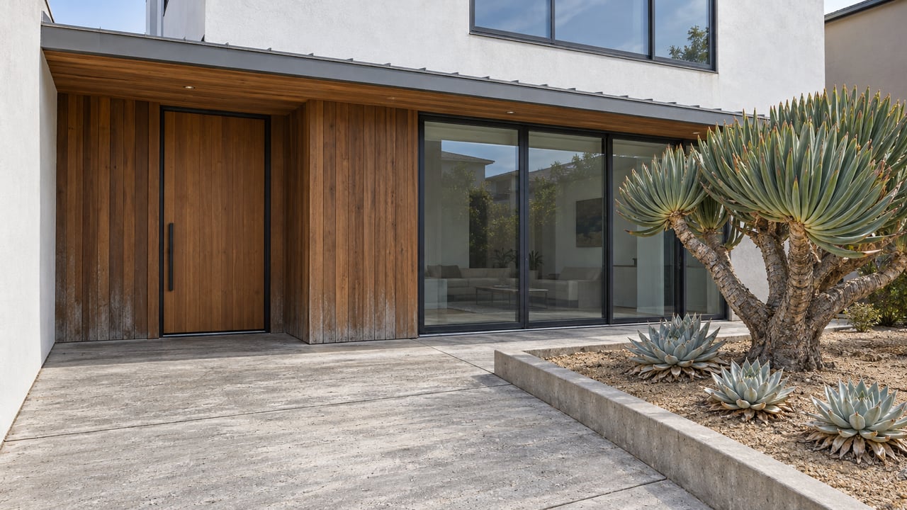 White stucco home with cedar entry cladding, dark-framed glazing and a concrete approach beside a sculptural fan aloe.